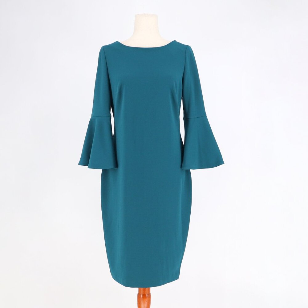 CALVIN KLEIN Bell Sleeve Roundneck Shift Dress Solid Teal Blue Size 8